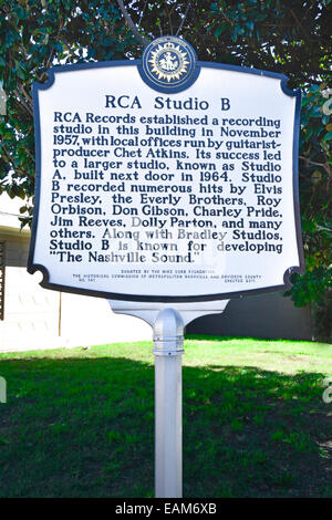 Straßenschild nimmt die Position des legendären RCA Studio B auf Music Row in Nashville, TN Stockfoto