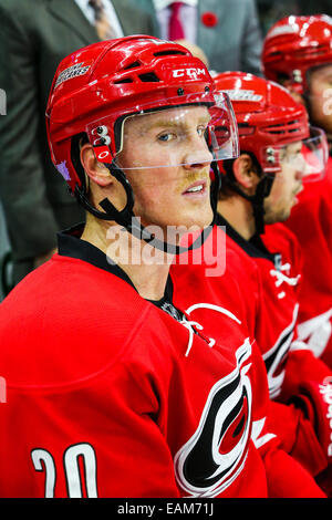 Raleigh, North Carolina, USA. 10. November 2014. Carolina Hurricanes center Riley Nash (20) während der NHL-Spiel zwischen den Calgary Flames und die Carolina Hurricanes in der PNC-Arena. Die Carolina Hurricanes besiegten die Calgary Flames 4-1. © Andy Martin Jr./ZUMA Draht/Alamy Live-Nachrichten Stockfoto