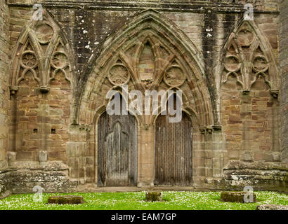 Spektakuläre Tür & Wand des zerstörten 12. Jahrhundert Tintern Abbey mit verzierten Bögen & dekorative gotische Mauerwerk Stockfoto