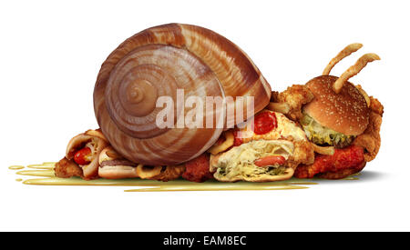 Träge Ernährung und Gewicht Verlust-Konzept als eine Gruppe von Fast food als Hamburger Hotdog Pommes Frites und gebratenes Huhn als Gesundheit Symbol für einen ungesunden Bewegungsmangel und ein Symbol für die aus der Form... Stockfoto