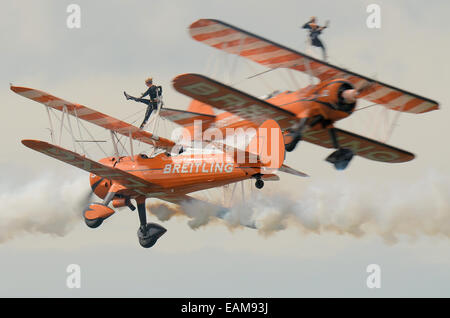 AeroSuperBatics Ltd. ist eine britische Kunstflug und wingwalking Teams. Ab 2011 sind Sie wie die Breitling Wingwalkers. Mädchen auf dem Flügel Stockfoto