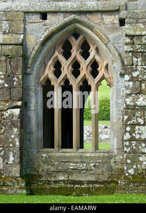 Reich verzierte große gewölbte Fenster in der Wand des 13. Jahrhunderts Valle Crusis Abbey Ruinen in der Nähe von Llantysilio in Wales Stockfoto