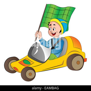 Junge in ein Go Kart mit eine grüne Flagge, Vektor-illustration Stockfoto