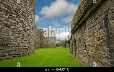 Blick auf große innere des historischen Beaumaris Castle mit immensen Steinmauern Schattierung Rasen und unter blauem Himmel in Wales Stockfoto