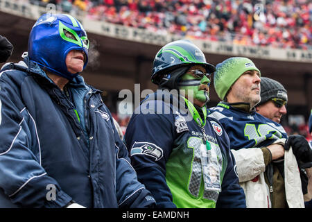 Kansas City, Missouri, USA. 16. November 2014. Seattle Seahawks Fans während der NFL-Spiel zwischen den Seattle Seahawks und die Kansas City Chiefs am Arrowhead Stadium in Kansas City, Missouri. Die Häuptlinge besiegt die Seahawks 24-20. © Csm/Alamy Live-Nachrichten Stockfoto