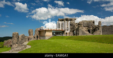 Ruinen des 13. Jahrhunderts Denbigh Castle neben modernen Besucherzentrum mit Grass sommersprossige mit Wildblumen & unter blauem Himmel, Wales Stockfoto