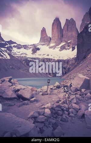 Retro-gefilterte Bild des Nationalparks Torres del Paine. Stockfoto