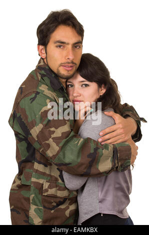 junge Frau und Soldat in Militäruniform sagen auf Wiedersehen-Bereitstellung Stockfoto