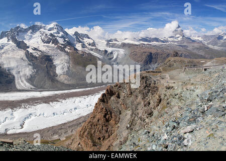 Gornergletscher und Matterhorn vom Gornergrat, Zermatt, Schweiz. Stockfoto