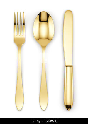 3D Render des goldenen Gabel, Löffel und Messer isoliert auf weißem Hintergrund Stockfoto