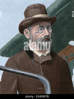 Emile Zola (1840-1902). Französischer Schriftsteller. Porträt. Kupferstich "La Ilustracion Espanola y Americana", 1890. Farbige. Stockfoto