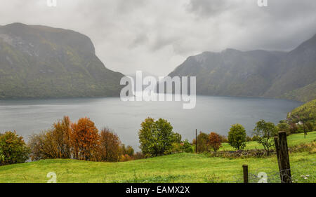 Aurlandsfjords im Nebel, in der Nähe von Aurland, Norwegen.  Es befindet sich auf der Südseite des Sognefjorden im Bezirk Sogn. Stockfoto