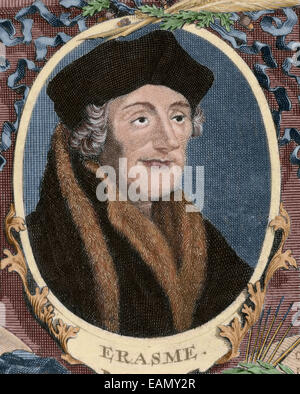 Erasmus von Rotterdam (1466-1536). Niederländischer Humanist. Porträt. Kupferstich, 1713. Farbige. Stockfoto