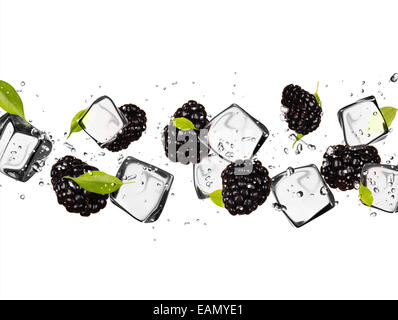 Brombeeren mit Eiswürfeln, isoliert auf weißem Hintergrund Stockfoto