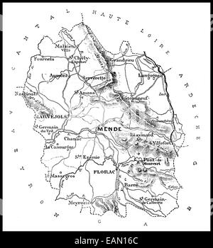 Karte des Departements Lozere, Vintage gravierten Abbildung. Journal des Voyages, Reise-Journal (1879 / 80). Stockfoto