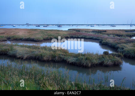 Blick über die Alde-Mündung von Aldeburgh Sümpfe zum Martello-Turm bei Abenddämmerung Suffolk England Stockfoto