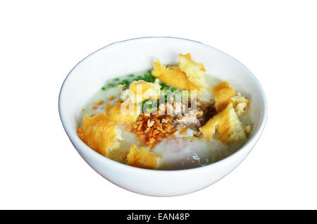 Reisbrei oder Reisbrei mit weißen frittierte Doughstick oder Zucker-Biskuit Stockfoto