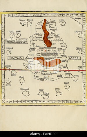 Karte von Taprobana aus "Cosmographia" von Claudius Ptolemäus (Ptolemaeus) (90-168AD). Siehe Beschreibung für mehr Informationen. Stockfoto