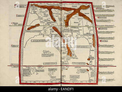 Karte von Indien aus "Cosmographia" von Claudius Ptolemäus (Ptolemaeus) (90-168AD). Siehe Beschreibung für mehr Informationen. Stockfoto