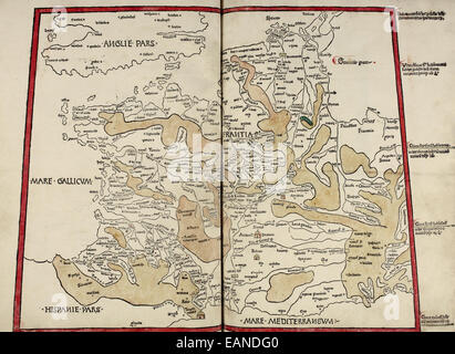 Karte von Frankreich aus "Cosmographia" von Claudius Ptolemäus (Ptolemaeus) (90-168AD). Siehe Beschreibung für mehr Informationen. Stockfoto