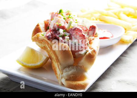 Main Lobster roll mit Pommes Ketchup auf einem weißen Teller Stockfoto