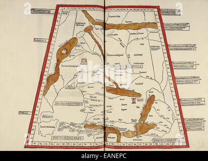 Karte von Sarmatia "Cosmographia" von Claudius Ptolemäus (Ptolemaeus) (90-168AD). Siehe Beschreibung für mehr Informationen. Stockfoto