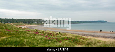 Sandstrand, weiten Bucht mit smaragdgrünen Rasen & rote Wildblumen auf niedrigen Dünen & am Strand Häuser von Port Eynon in Ferne, in Wales Stockfoto