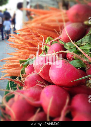 Radieschen und Möhren Haufen in einem Bauern-Marktstand Stockfoto