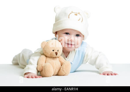 Baby weared lustigen Hut mit Plüsch-Spielzeug Stockfoto