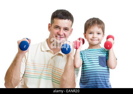 Mann und Kind Sohn gemeinsam mit Hantel Stockfoto