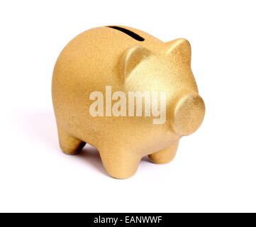 Goldene Sparschwein von Vorderseite rechts, isoliert Stockfoto