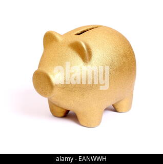 Goldene Sparschwein von vorne links, isoliert Stockfoto