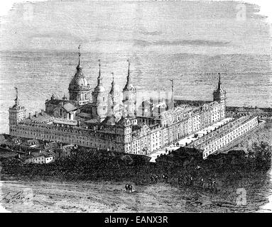 Ansicht der Palast El Escorial, Vintage gravierten Abbildung. Journal des Voyages, Reise-Journal (1880-81). Stockfoto