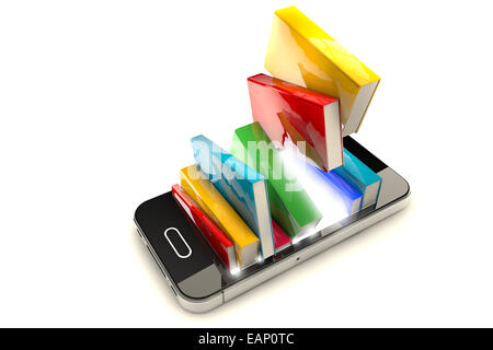 Smartphone mit Büchern isoliert auf weißem Hintergrund Stockfoto