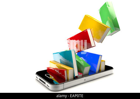 Smartphone mit Büchern isoliert auf weißem Hintergrund Stockfoto