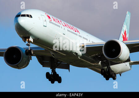 Air Canada Boeing 777-300 nähert sich Start-und Landebahn 27L am Flughafen London Heathrow. Stockfoto