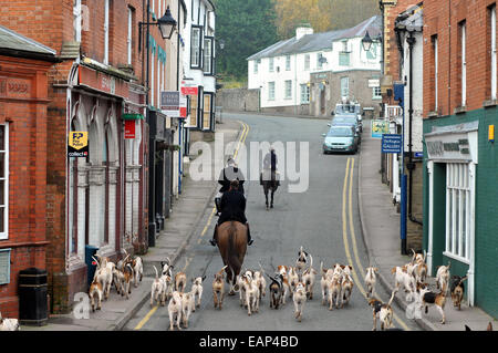 Kington, Herefordshire, England. 19. November 2014. Radnor und West Herefordshire Hunt geht durch die Stadt Kington, in der Nähe auf Hergest Ridge zu jagen. Rund 20 Fahrer nahmen an der Veranstaltung teil. Bildnachweis: Andrew Compton/Alamy Live-Nachrichten Stockfoto