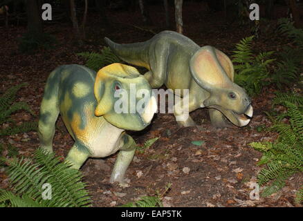 Leptoceratops zusammen mit Protoceratops (im Hintergrund), kleine Kreide-Ära pflanzenfressenden Dinosaurier im Dinopark Amersfoort Zoo Stockfoto