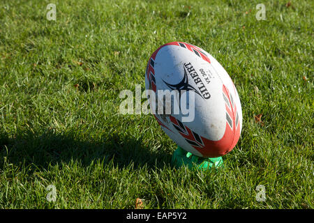 Ein Gilbert-Rugby-Ball auf einem Tritttee. Stockfoto