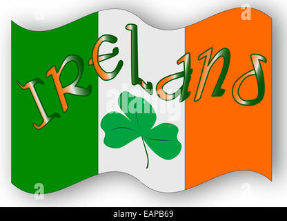 Die Republik Irland Flagge mit der Text-Irland und ein Glück Kleeblatt, ein Symbol des irischen Volkes. Stockfoto