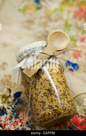 Glasflasche. Senf, klassisch, Bohnen. Blumen Hintergrund, Vintage-Farben Stockfoto