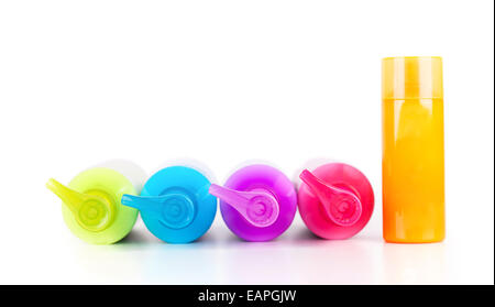 Mehrfarbige Neon-Lotion-Flaschen mit Dispenser-Pumpe Stockfoto