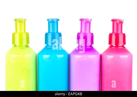 Mehrfarbige Neon-Lotion-Flaschen mit Dispenser-Pumpe Stockfoto