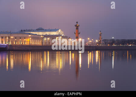 Die alte Sankt Petersburg Börse und Rostral Spalten gesehen vom Fluss Newa, St. Petersburg, Russland. Stockfoto