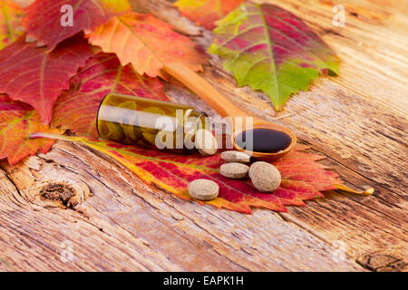 Medizin-Flasche, Pillen an Blatt und Sirup in Holzlöffel auf hölzernen Hintergrund Stockfoto