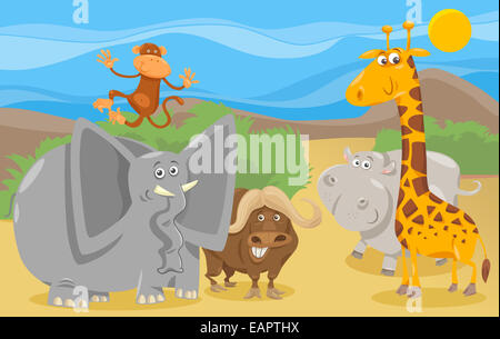 Cartoon-Illustration der Szene mit Wild African Safari Tiere Zeichen Gruppe Stockfoto