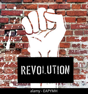 Grunge-Faust-Abbildung auf Ziegelstein Textur mit weißen Spritzer und Platz für Text. Vektor-Vorlage Stockfoto