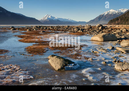 Erste Eis der Saison am Chilkat Inlet Strand in der Nähe von Haines Alaska an einem sonnigen Tag. Stockfoto