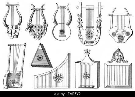 verschiedene Formen von Lyra, Antike Streichinstrumente vom antiken Griechenland, dem römischen Reich und Afrika, Gegenspieler Formen der Stockfoto
