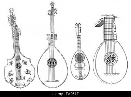 verschiedene Formen der Laute, Mandoline und Theorbe, alte Streichinstrumente Gegenspieler Formen der Laute, Mandoline Und Theorbe, al Stockfoto